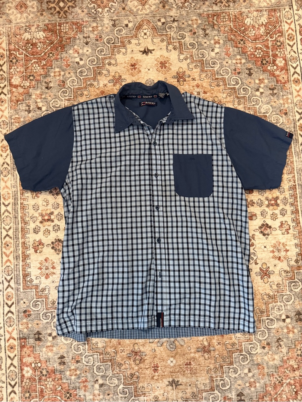 Vintage Bugle Boy Navy and Light Blue Checked Short-Sleeve Button-Down Shirt